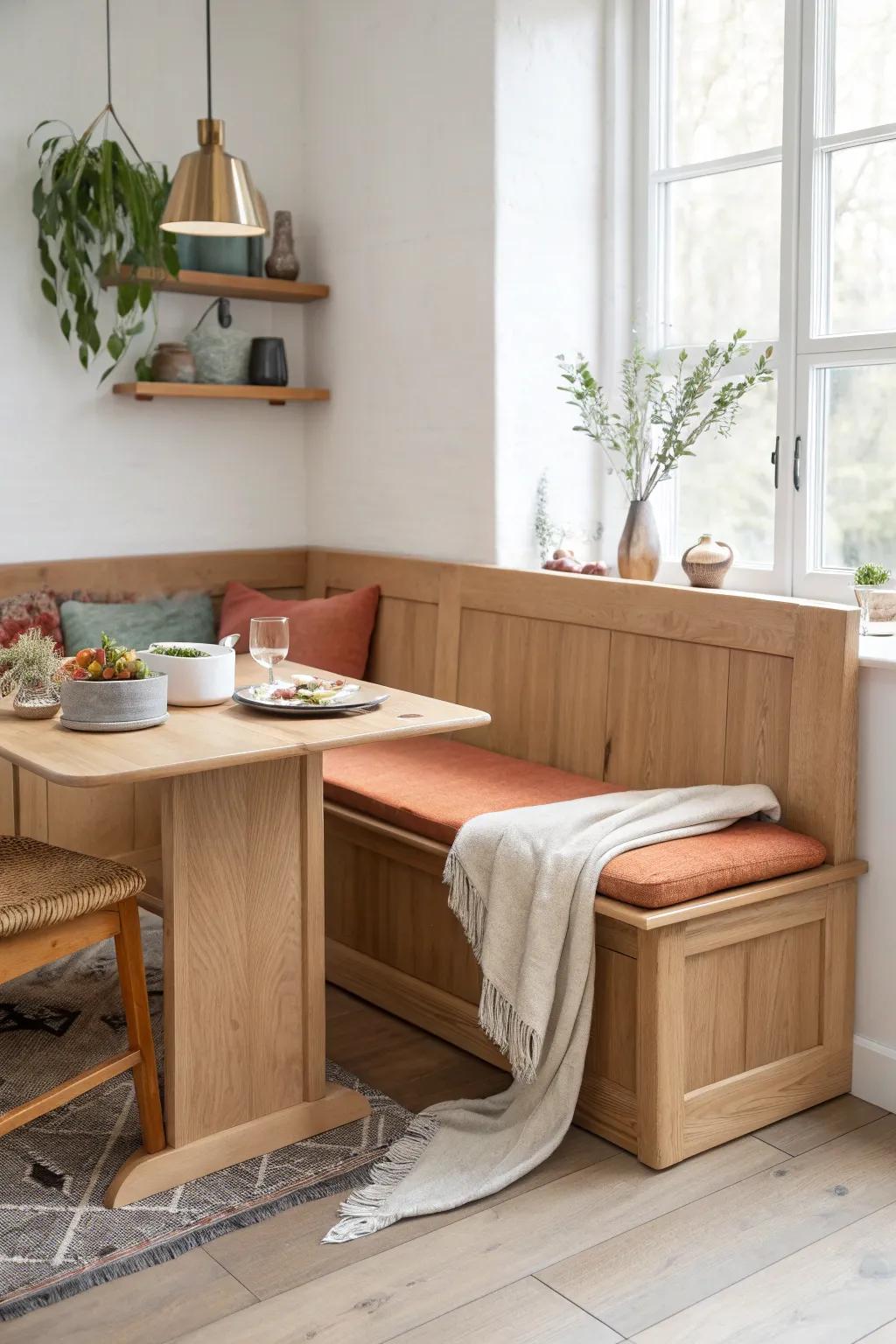 A U-shaped oak bench that seats more guests—minimal, warm, and made for cozy mornings.