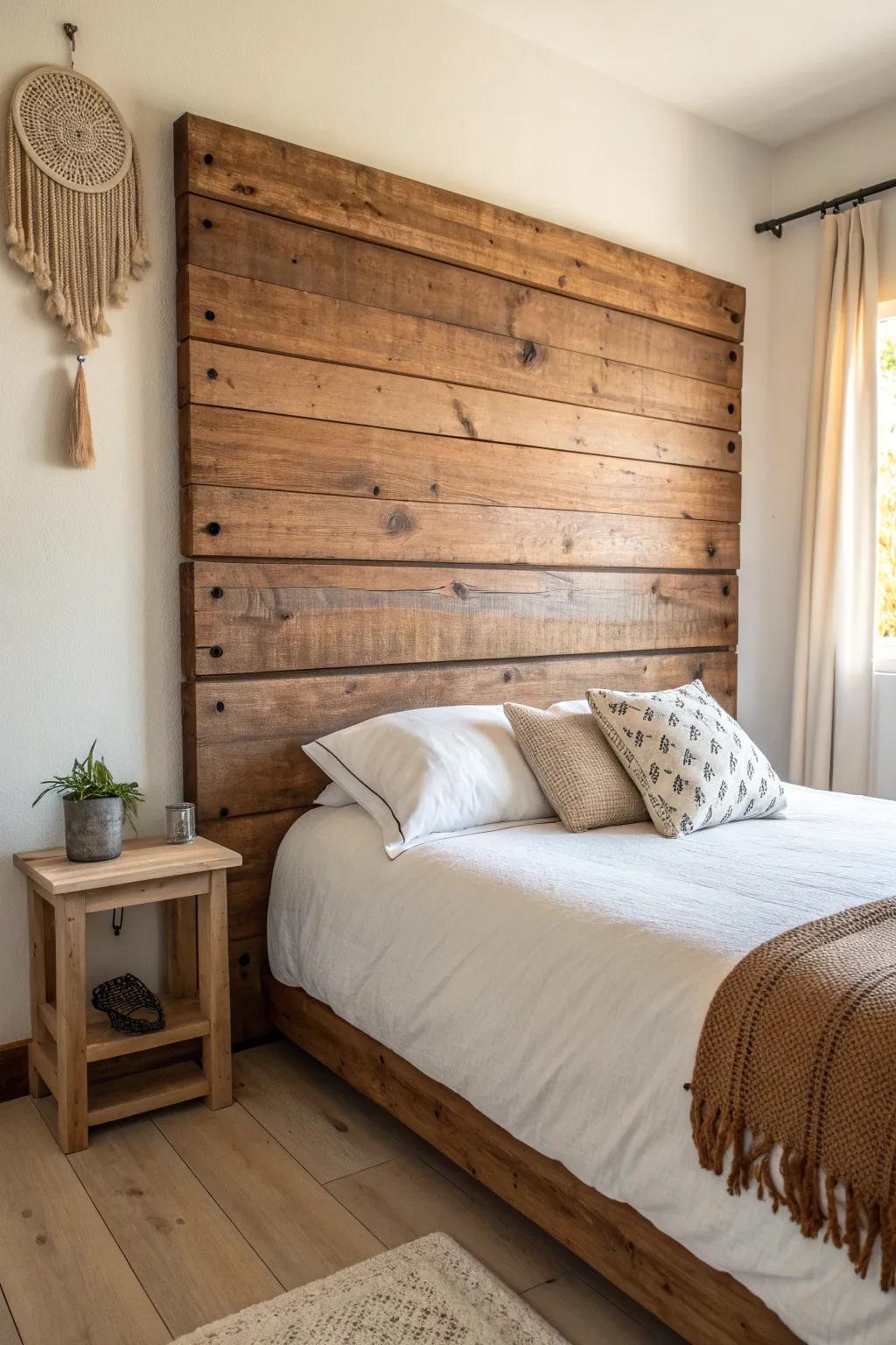 Reclaimed brown plank headboard brings rustic charm against creamy whites and soft taupes.