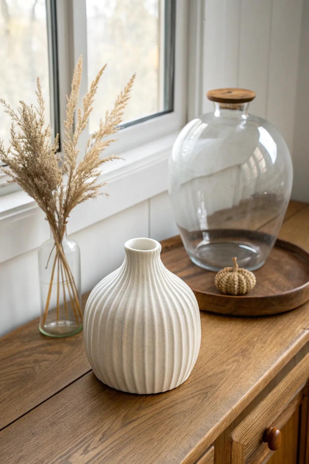 Mix wood, ceramic, and glass for a buffet display that feels warm, airy, and elevated.