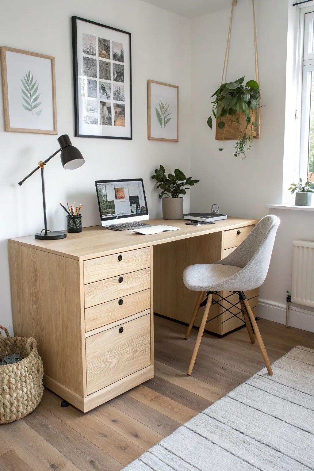 Angled drawer banks open up knee space—built-in corner desk comfort with clean Scandinavian style.