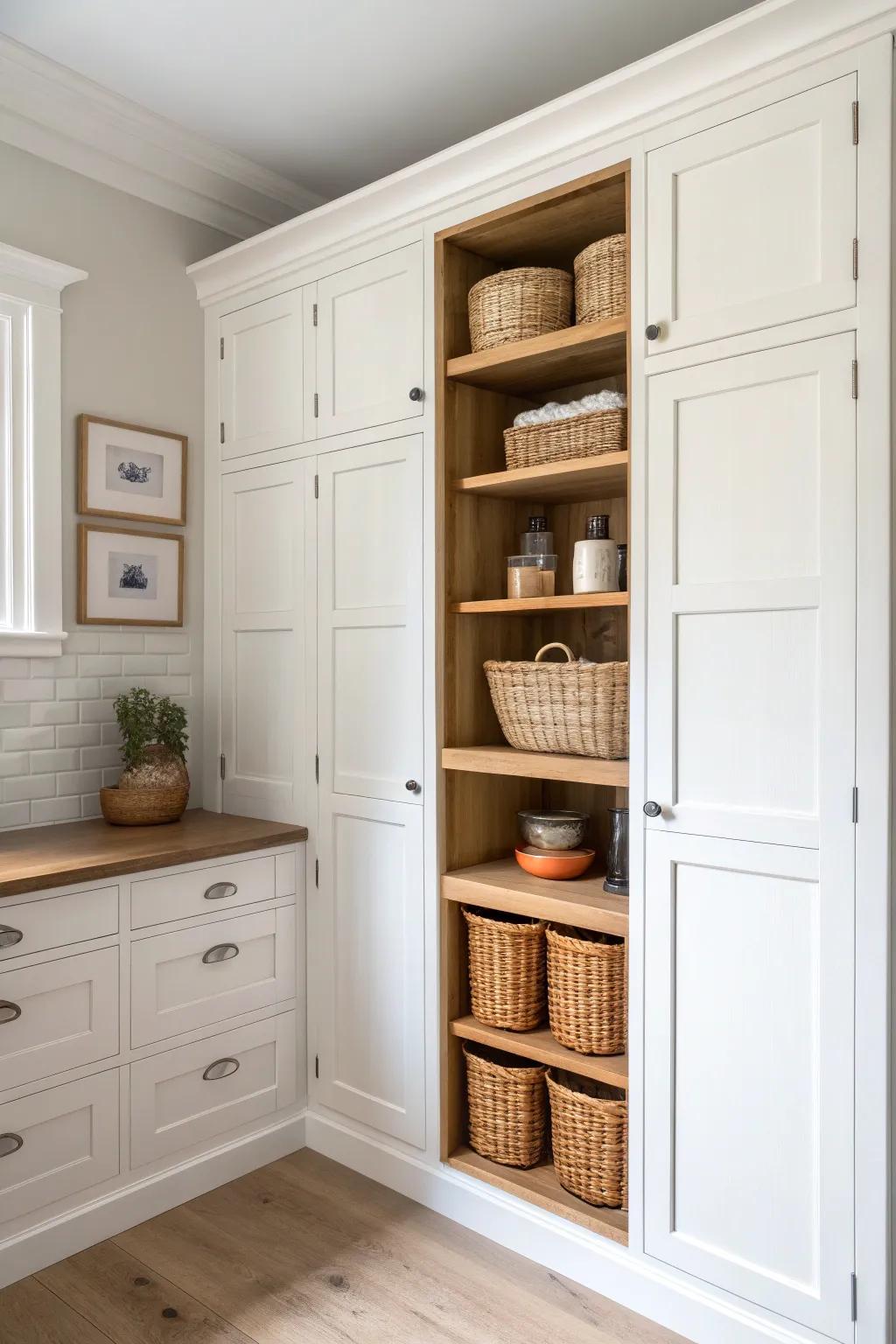 Butler-style pantry counter nook: a mini prep zone with warm wood, bold accents, and calm order.