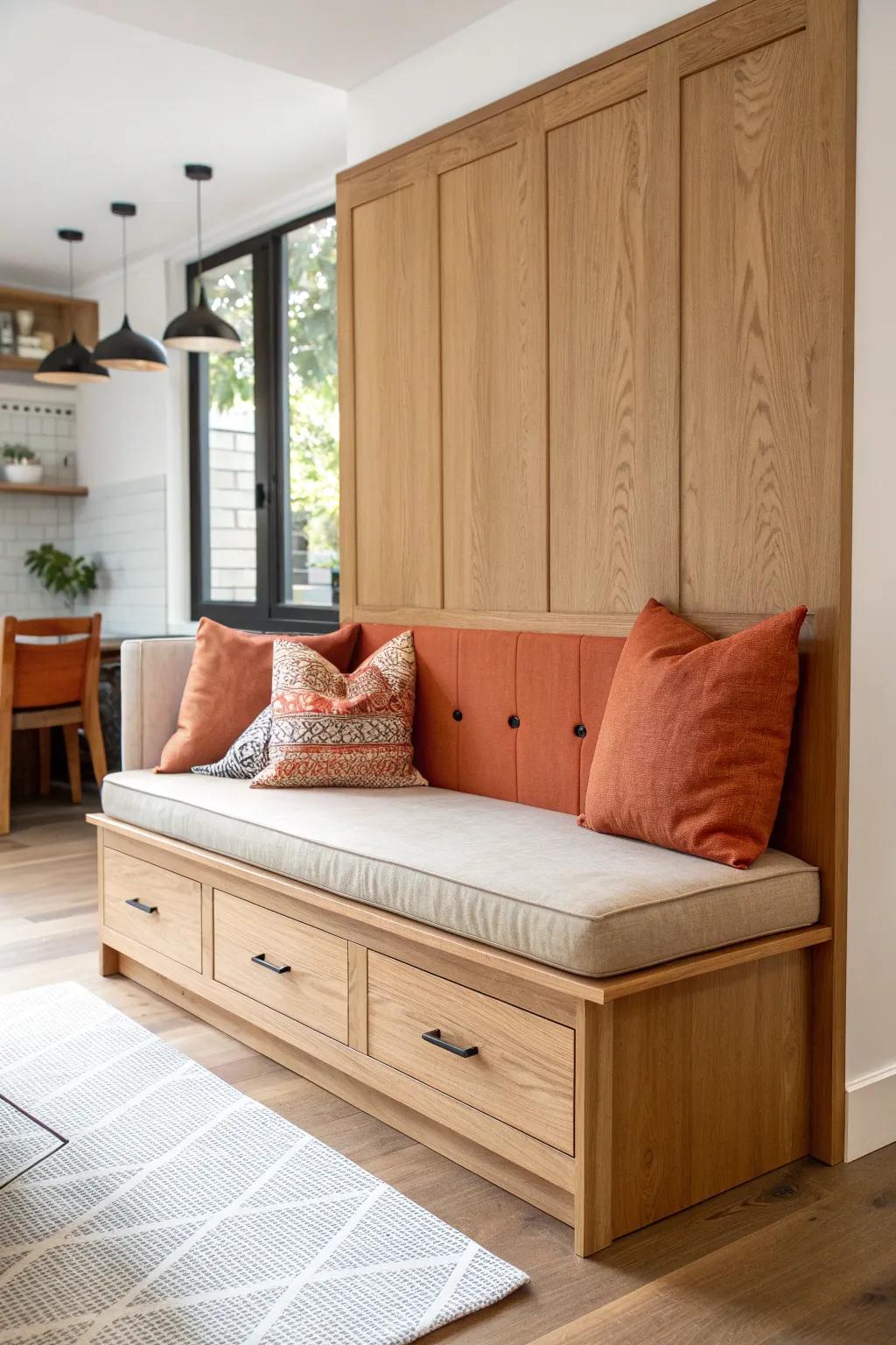 A built-in oak banquette that divides dining and living—cozy boundary with hidden storage.