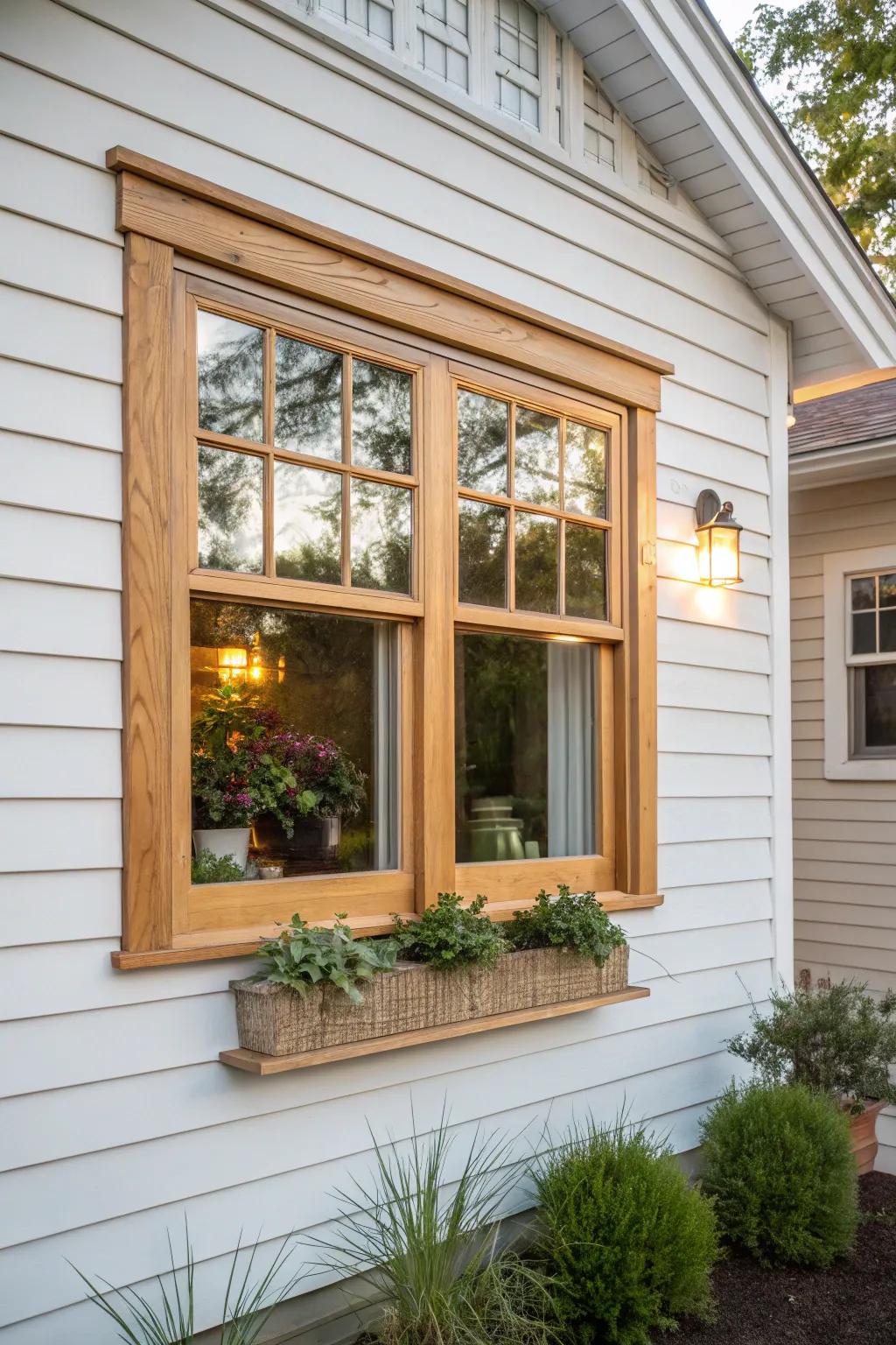 A bright bungalow signature: big picture window with warm oak divided lights and clean contrast.