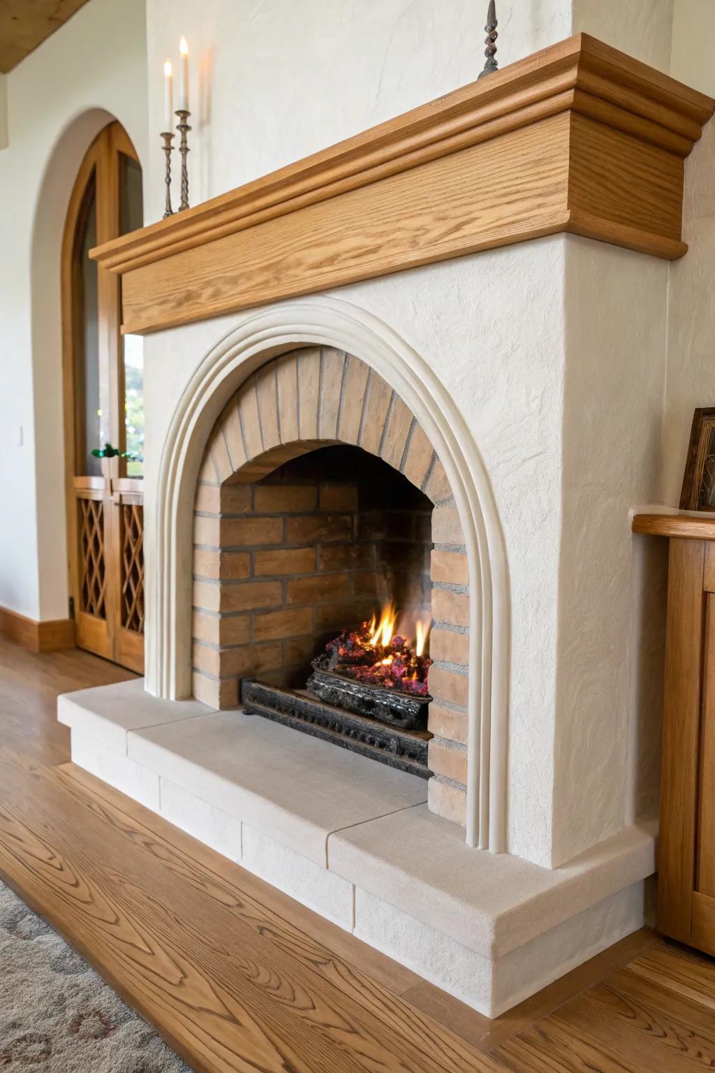 Bungalow charm: an arched firebox framed in bent oak trim with a simple, modern mantel.