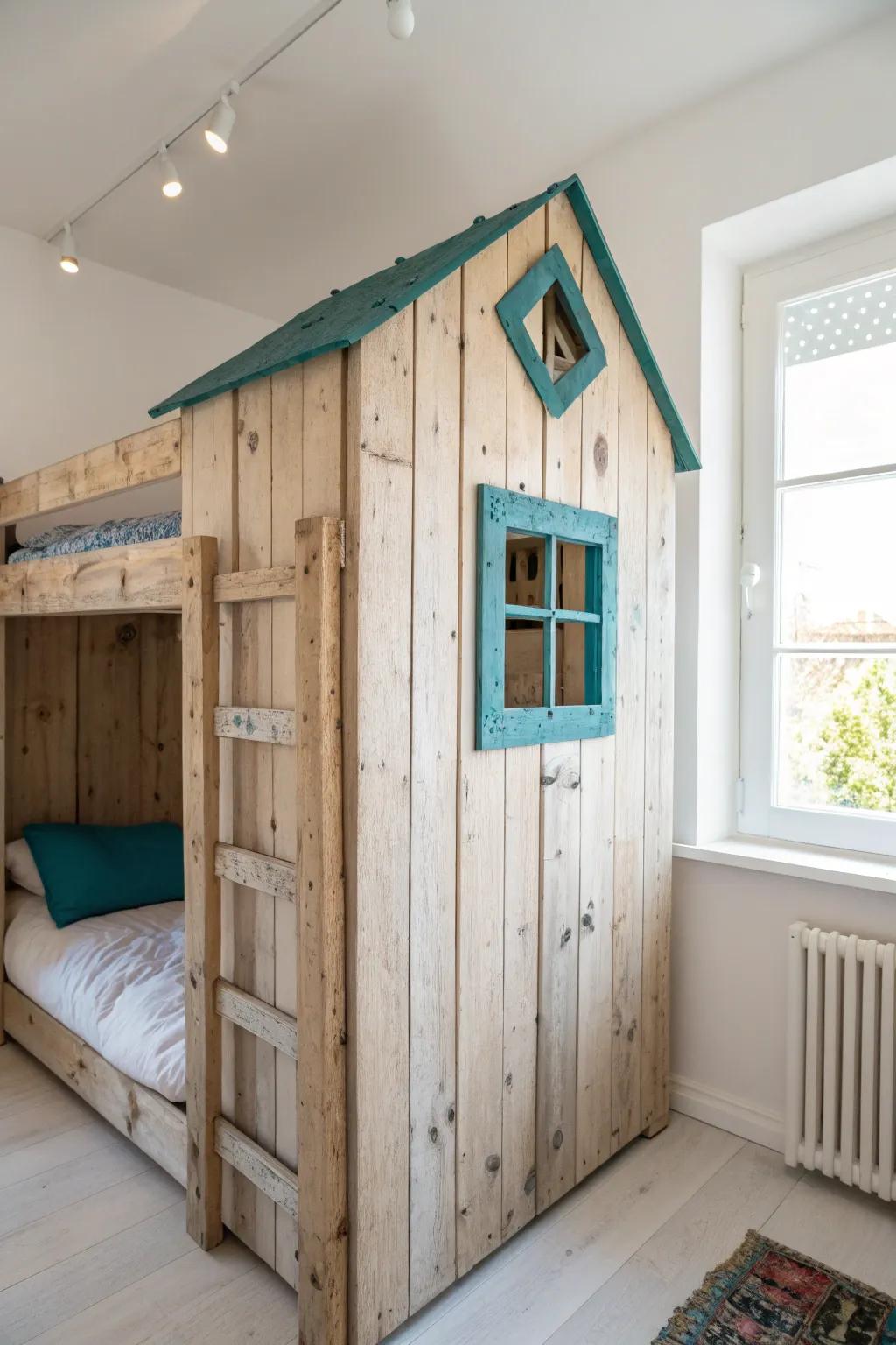 Rustic cabin-front bunk bed fort panel—weathered wood charm with a bold modern pop.