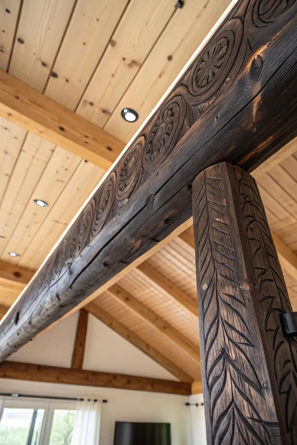 Elevate your space with the timeless allure of burnt wood beams.