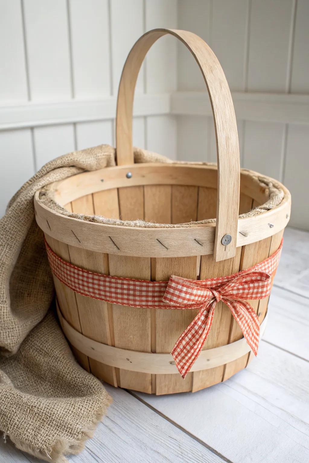 Cozy bushel basket styling: burlap liner + bold gingham layer with an oversized bow.