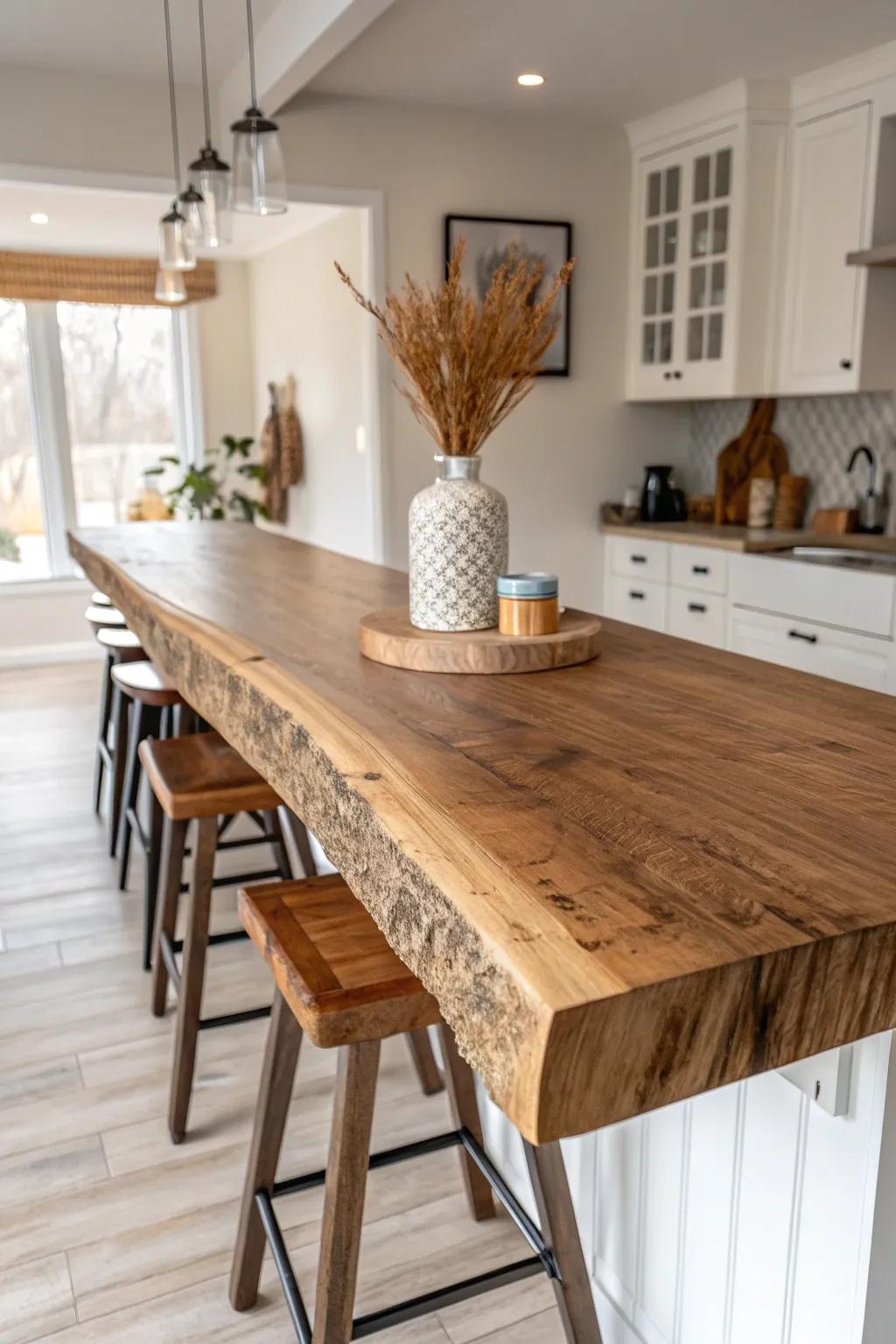 Rustic meets refined: a live edge butcher block bar top that makes the grain the star.