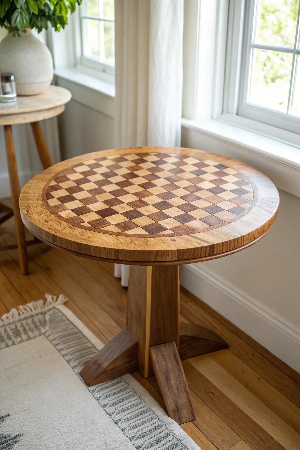 End-grain checkerboard bistro table—handcrafted texture and bold maple-walnut contrast.