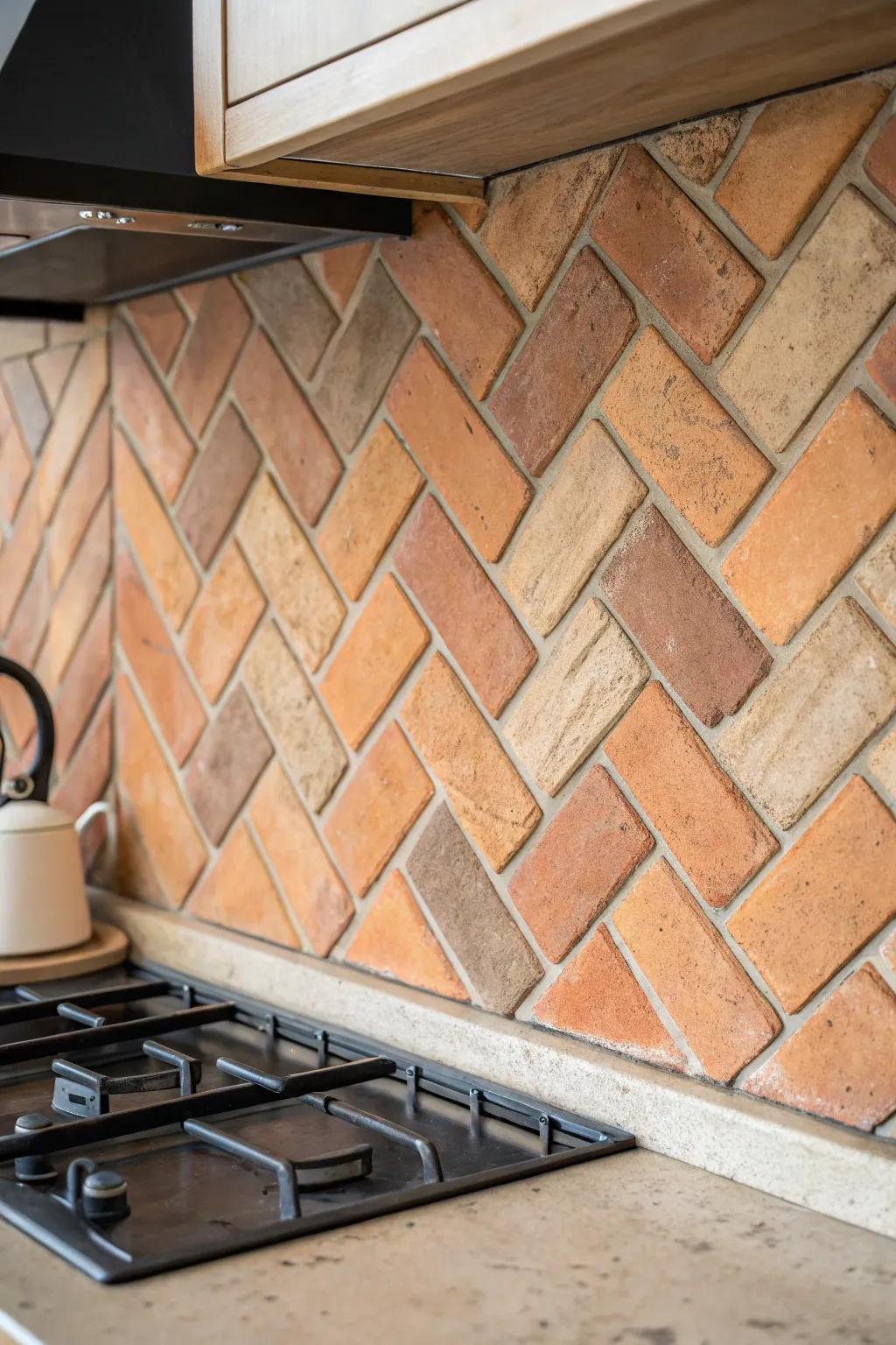 Rustic herringbone tile brings handcrafted movement to a cozy cabin coffee nook.