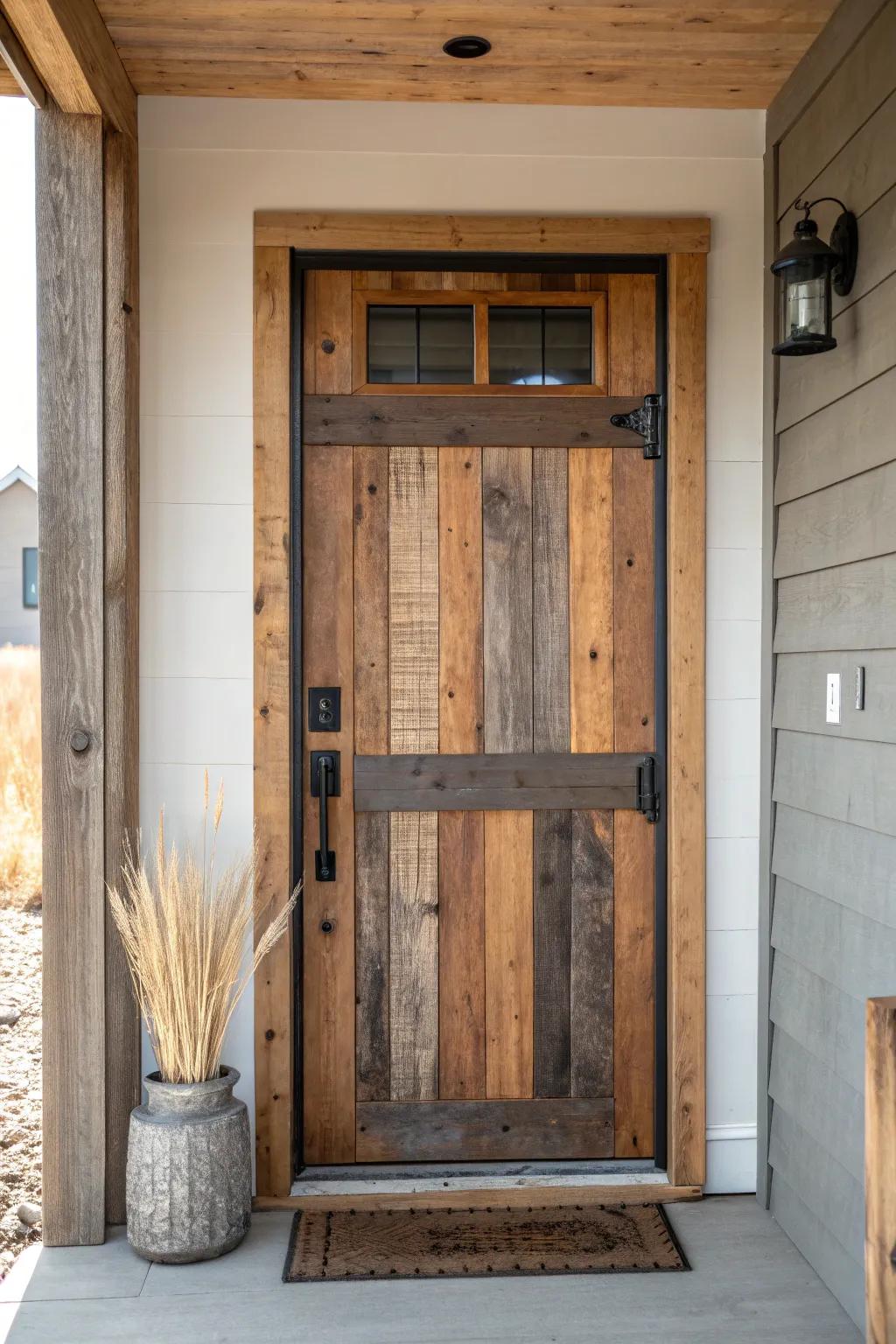 Reclaimed barn wood patchwork door—rich texture, balanced tones, and timeless cabin charm.