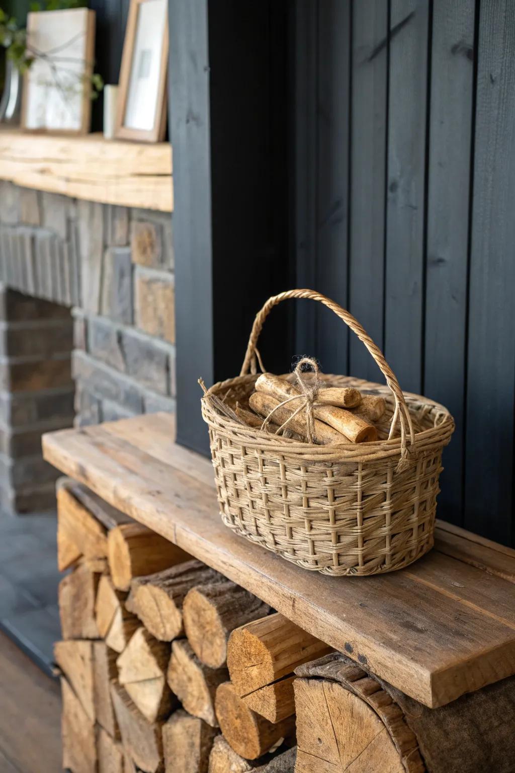 A woven basket of twine-tied kindling—pretty, practical, and cabin-cozy on the mantel.