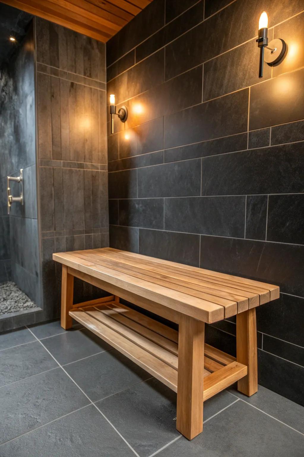 Moody black slate meets honeyed cedar—this handcrafted shower bench makes cabin nights feel luxe.