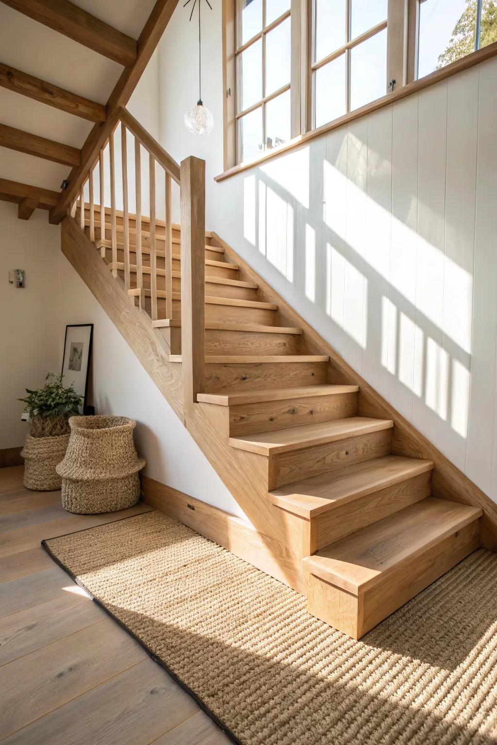 Open riser oak stairs that let sunlight flow through—brightening small, dark cabin spaces.