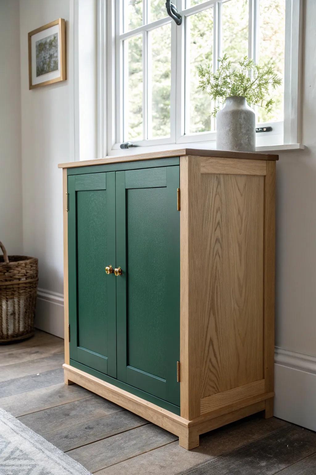 Partial overlay charm: a classic oak face frame with a bold matte door and brass pull.