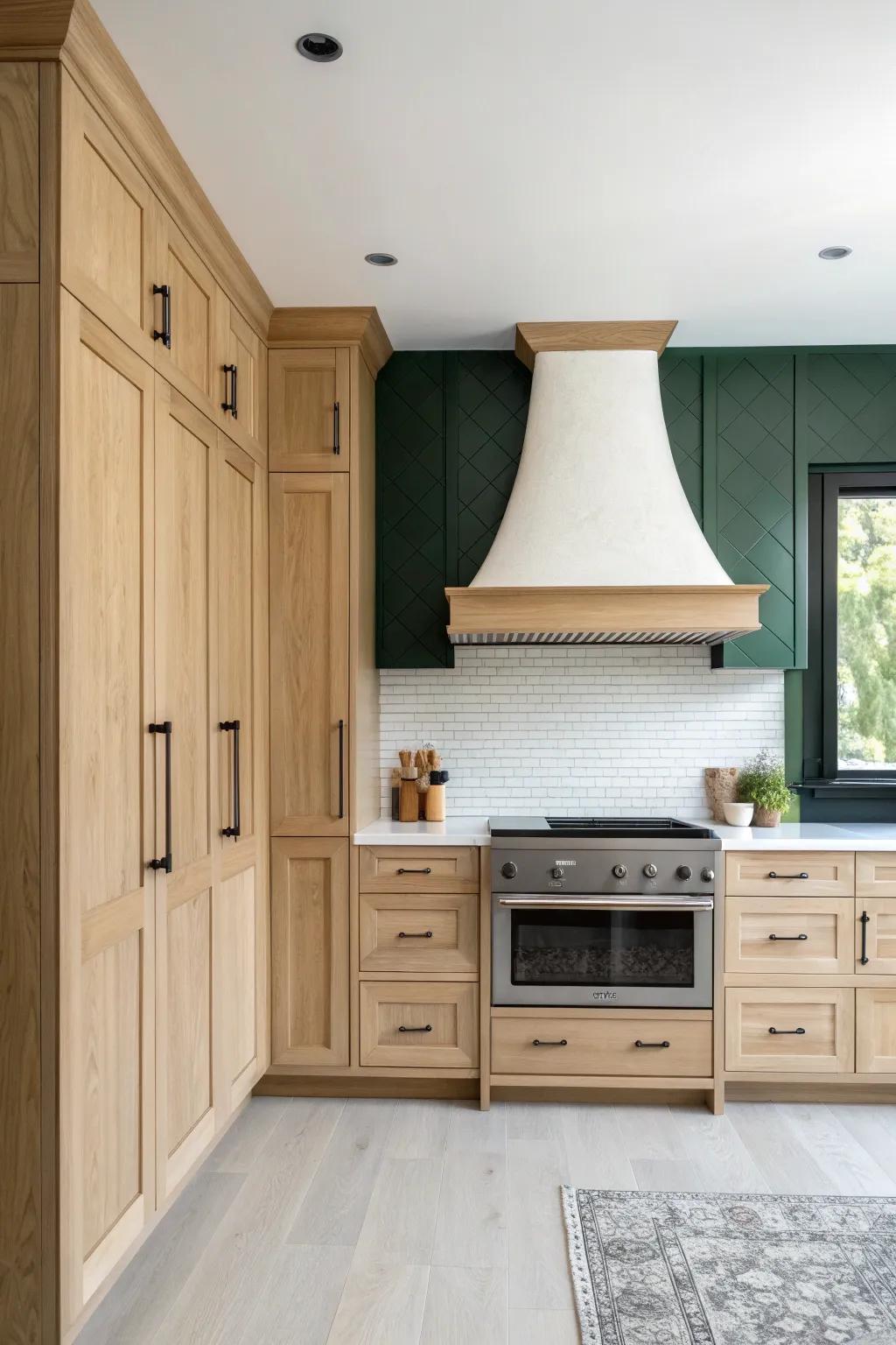 A built-in look: tall side cabinets make the range hood feel seamless and intentional.