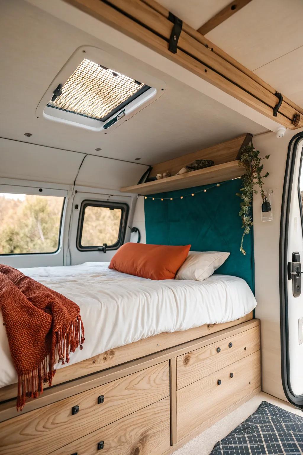 A ceiling‑lift bed on wood tracks frees floor space while adding handcrafted Scandinavian charm.