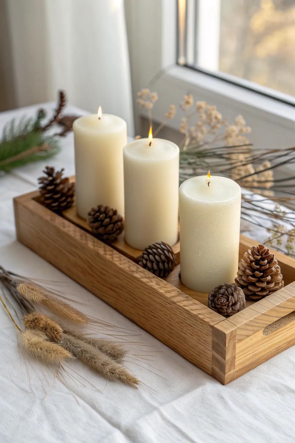Rustic pinecones add cozy farmhouse texture to a clean wood candle tray centerpiece.