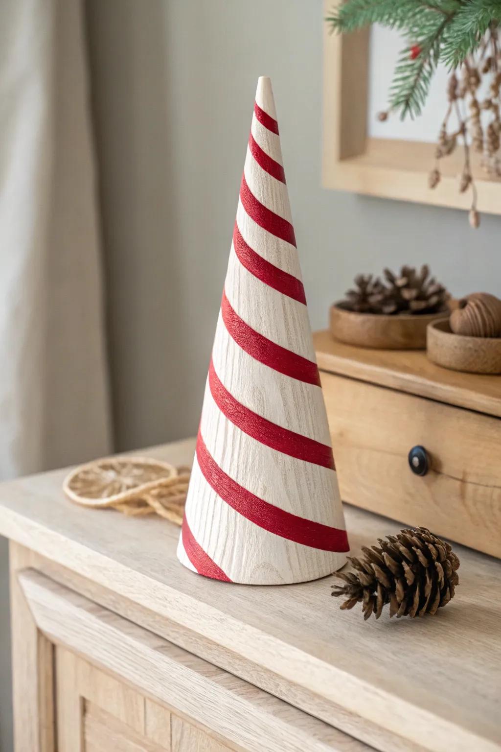 Peppermint-striped wood tree: minimalist, cozy, and handcrafted for a festive tabletop moment.