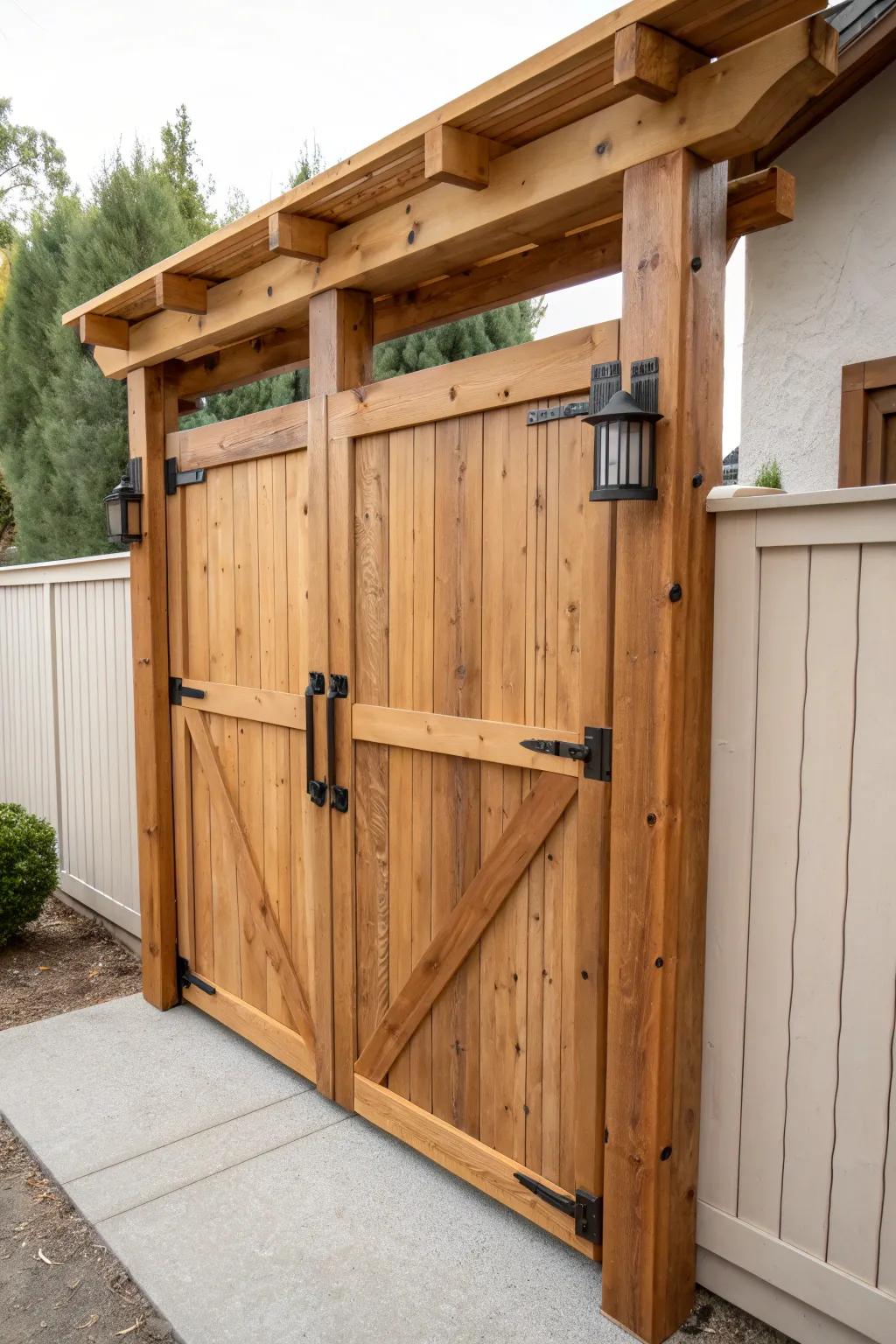 Gate-style double doors on carport posts—simple, secure, and beautifully handcrafted.