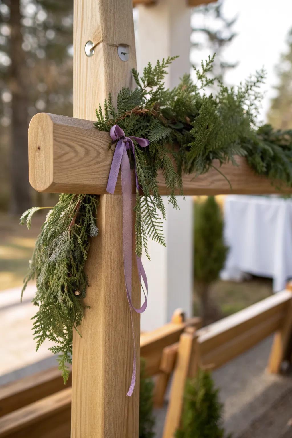 Handcrafted wood slat anchoring an evergreen cascade with violet ribbons—Advent elegance.