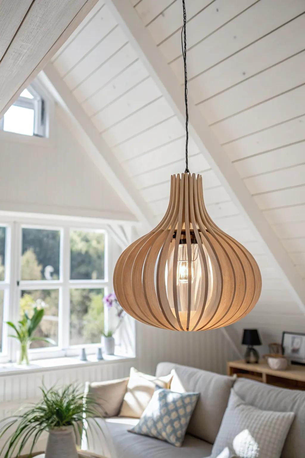 Shiplap only on the vaulted zone turns the height change into a cozy, intentional feature.