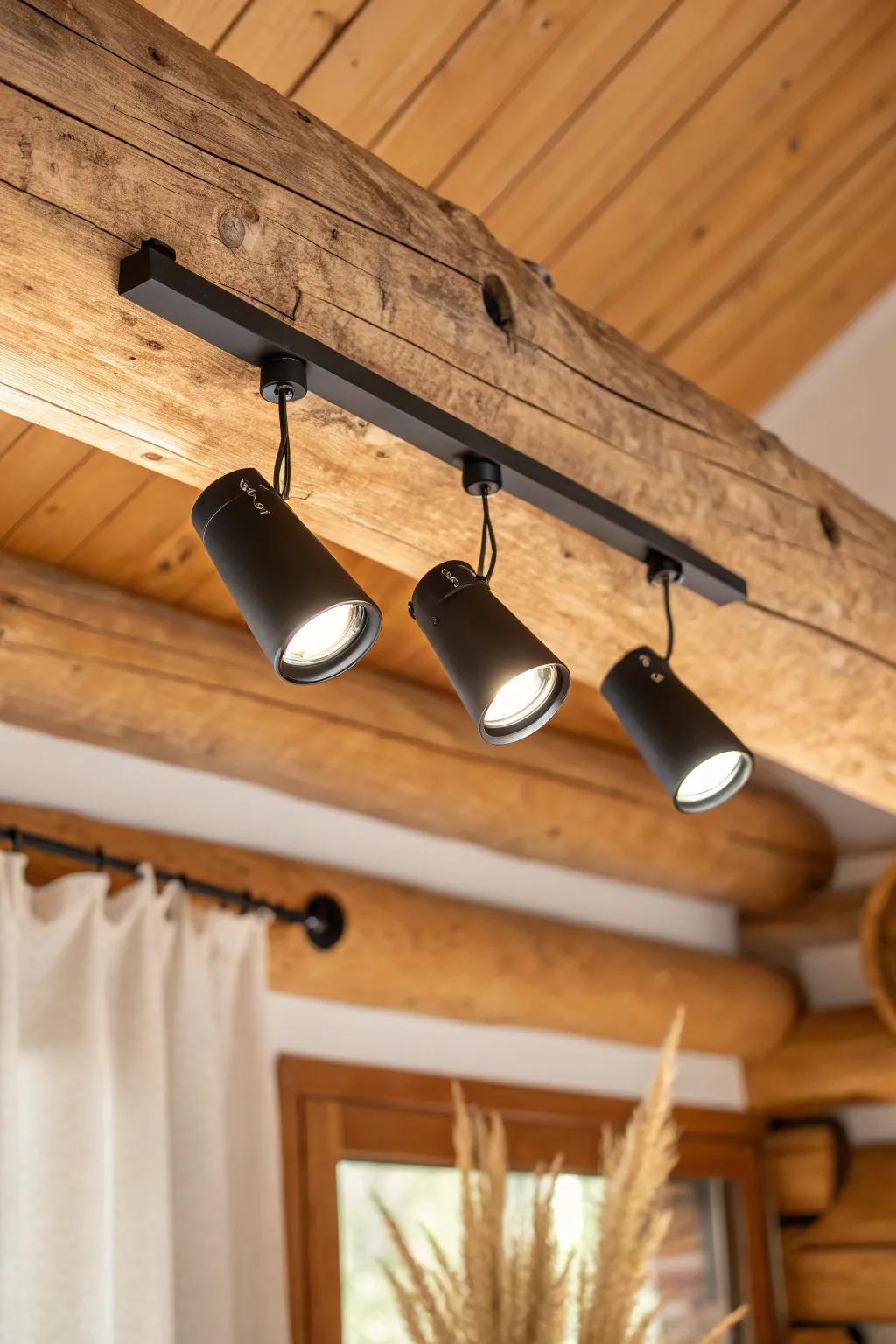 Slim track lighting on timber beams—aimed to graze log texture for rich, flexible glow.