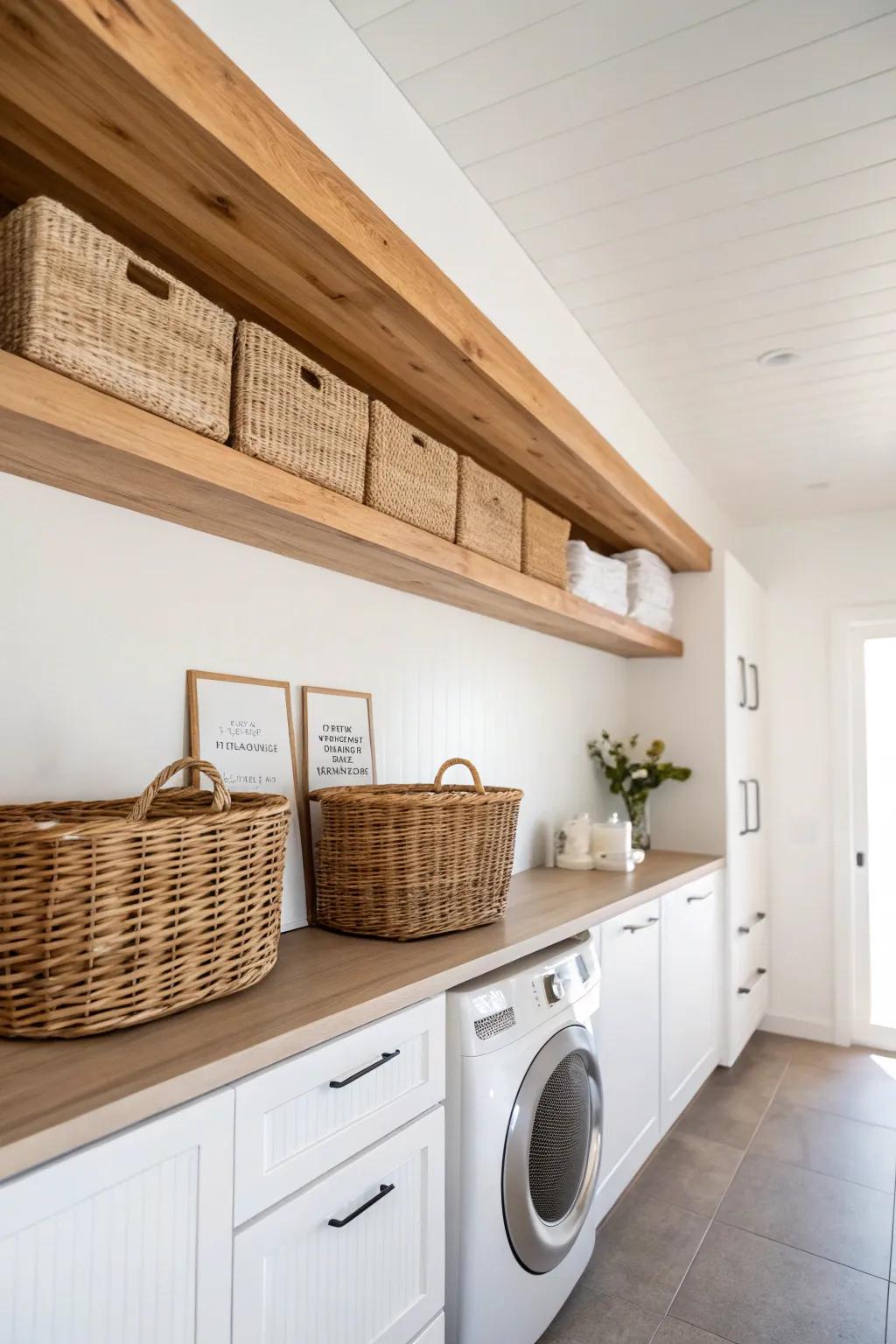 A long oak ceiling shelf with matching baskets keeps laundry backups chic and clutter-free.