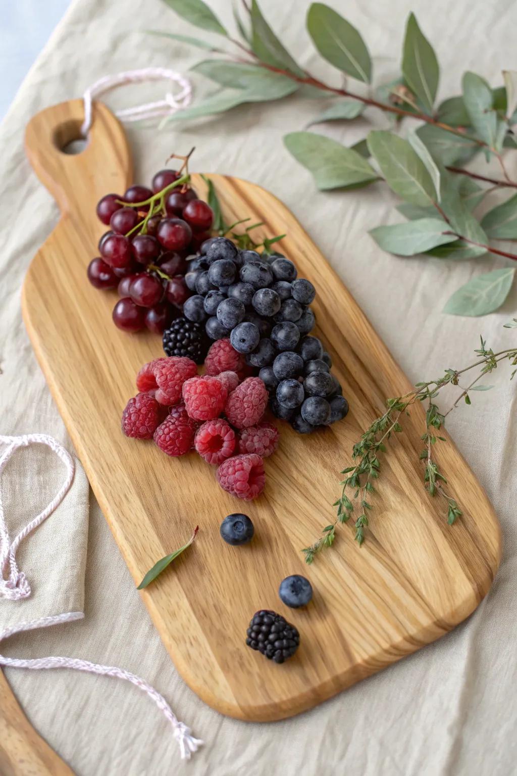 Chunky fruit clusters on a warm wood board—bold color pops that make the table feel lush.