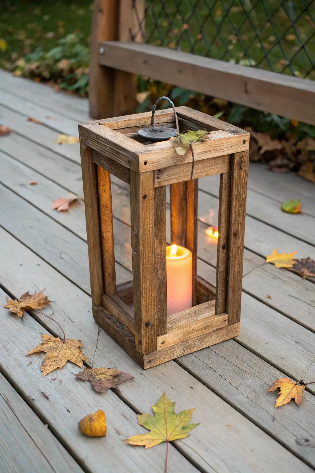 Scrap-wood lantern with a warm battery-candle glow—simple, rustic fall charm on a budget.