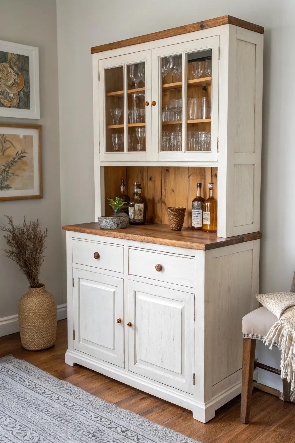 Upgrade your china cabinet bar with a durable butcher-block top—beautiful, wipeable, stress-free.