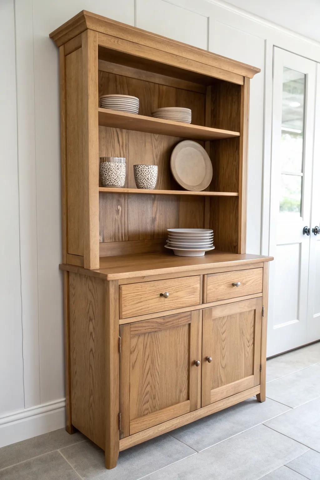 Open-shelf china hutch: doors off, warm wood grain on display, and an effortless grab-and-go vibe.