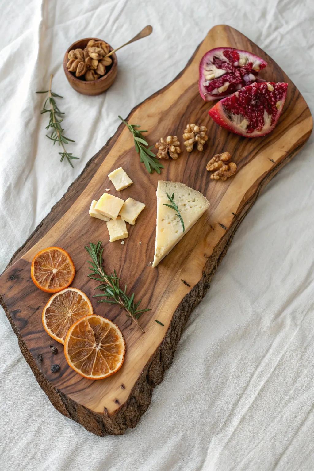 Rustic live-edge Christmas cheese board with warm cheeses, herbs, and dried fruit glow.