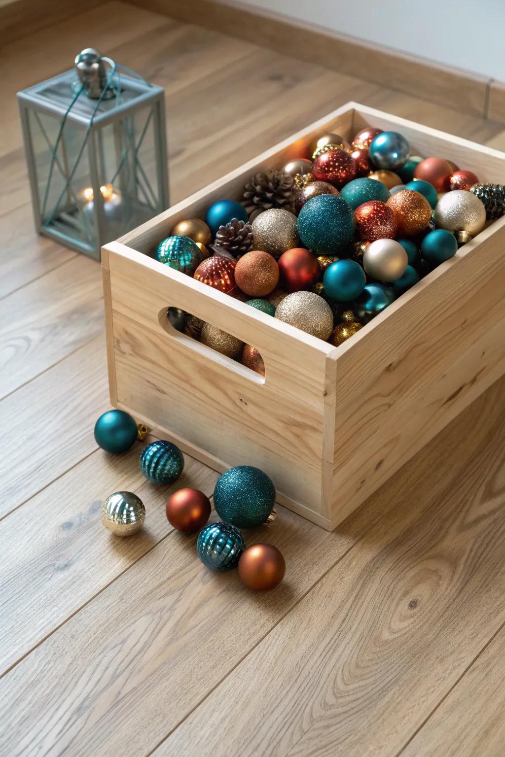 A glossy-meets-matte ornament spill that makes the crate’s wood grain look extra rich.