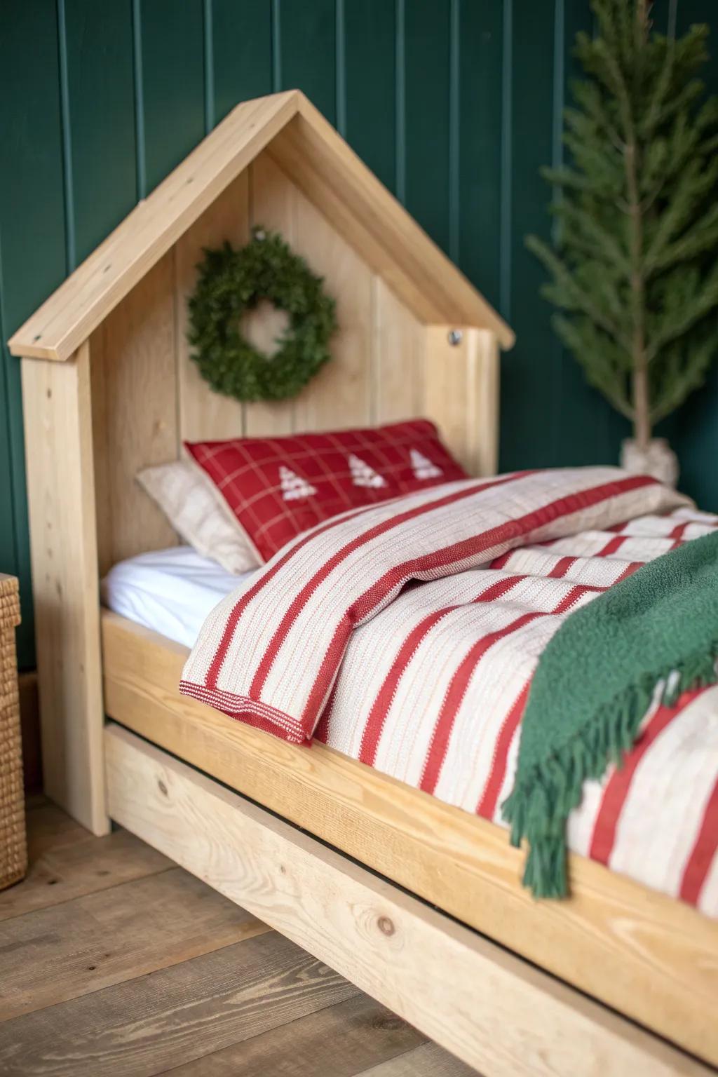 Cozy miniature attic bed with striped Christmas bedding and a tiny wreath—handcrafted wood charm.