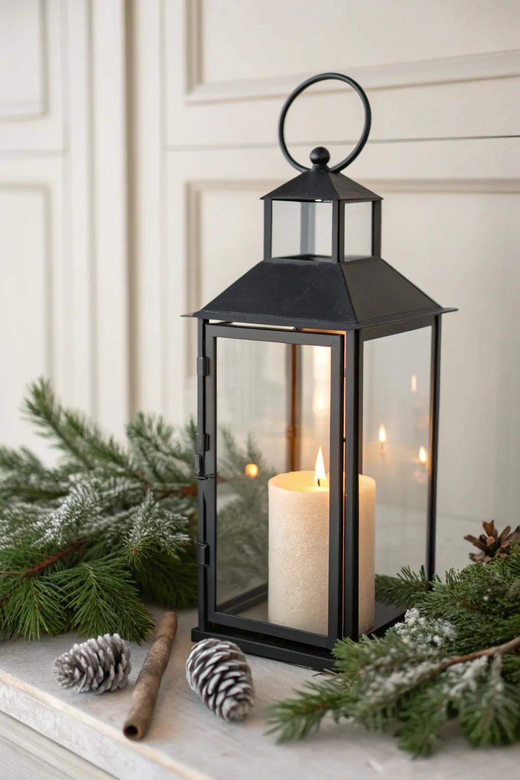A warm lantern glow paired with fresh evergreen sprigs for a welcoming Christmas entry.