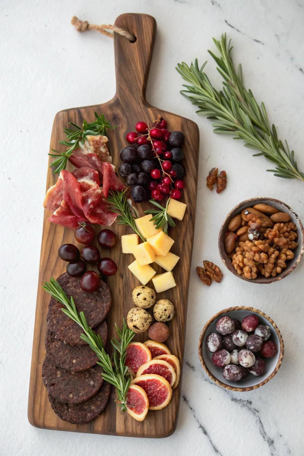 One handcrafted board, two zones: savory charcuterie + festive sweets with a fruit-nut bridge.