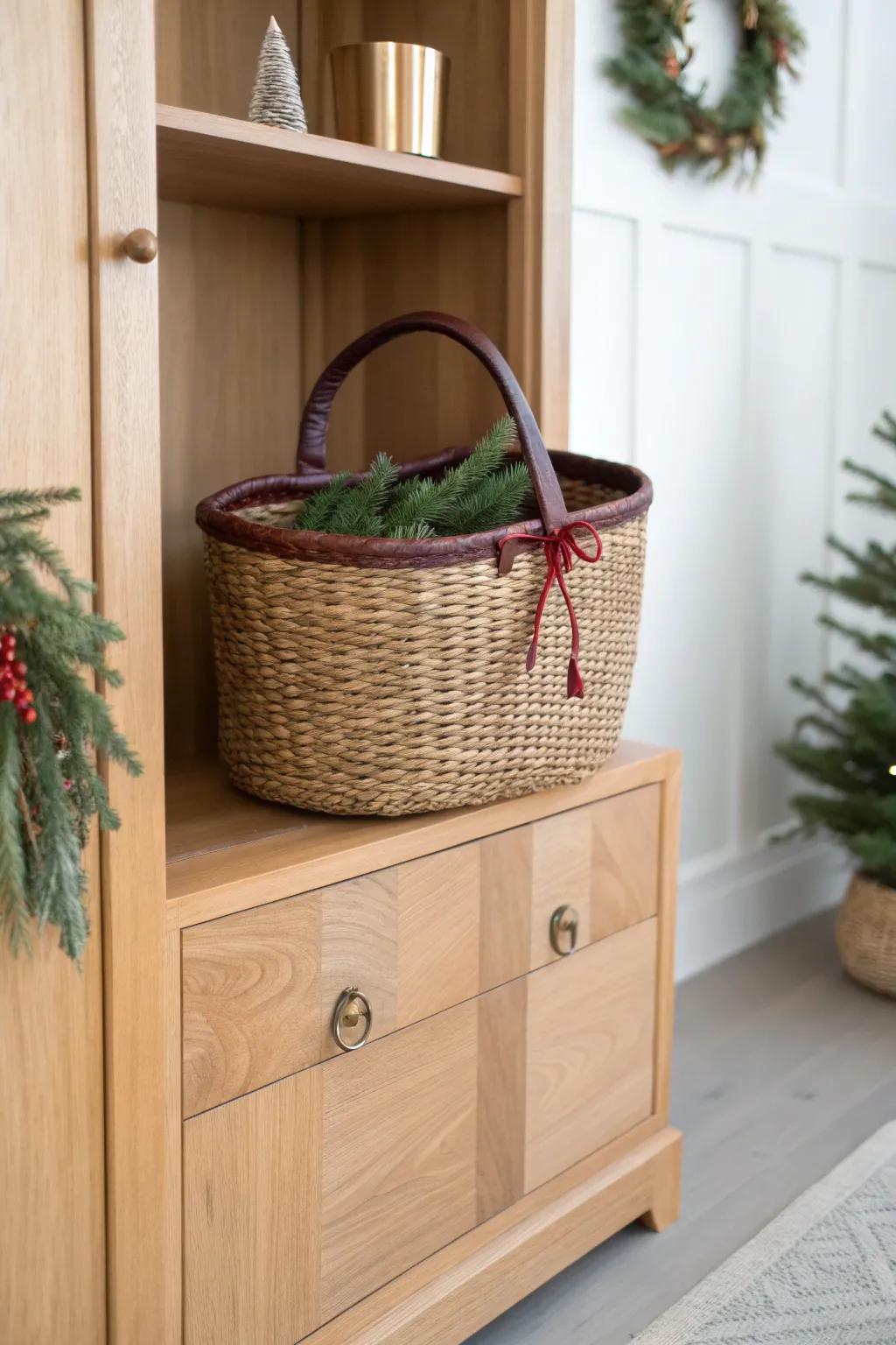 Woven baskets in the hutch hide clutter while adding cozy Christmas texture and warm style.
