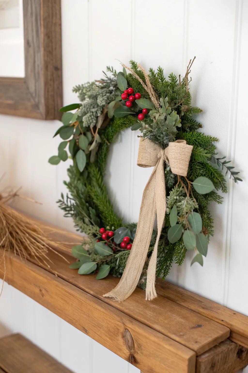 Tiny wreath, big impact—evergreen texture makes reclaimed wood grain glow on the shelf.