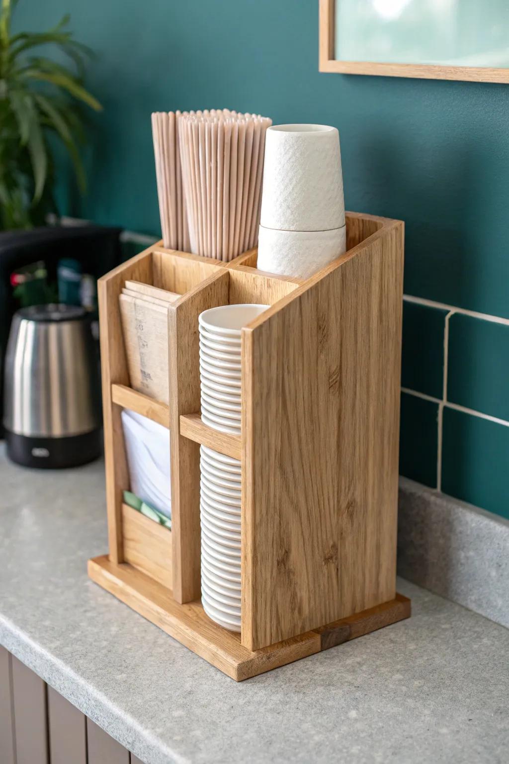 Handcrafted cup, lid & napkin tower—tidy church coffee bar style with warm Scandinavian charm.