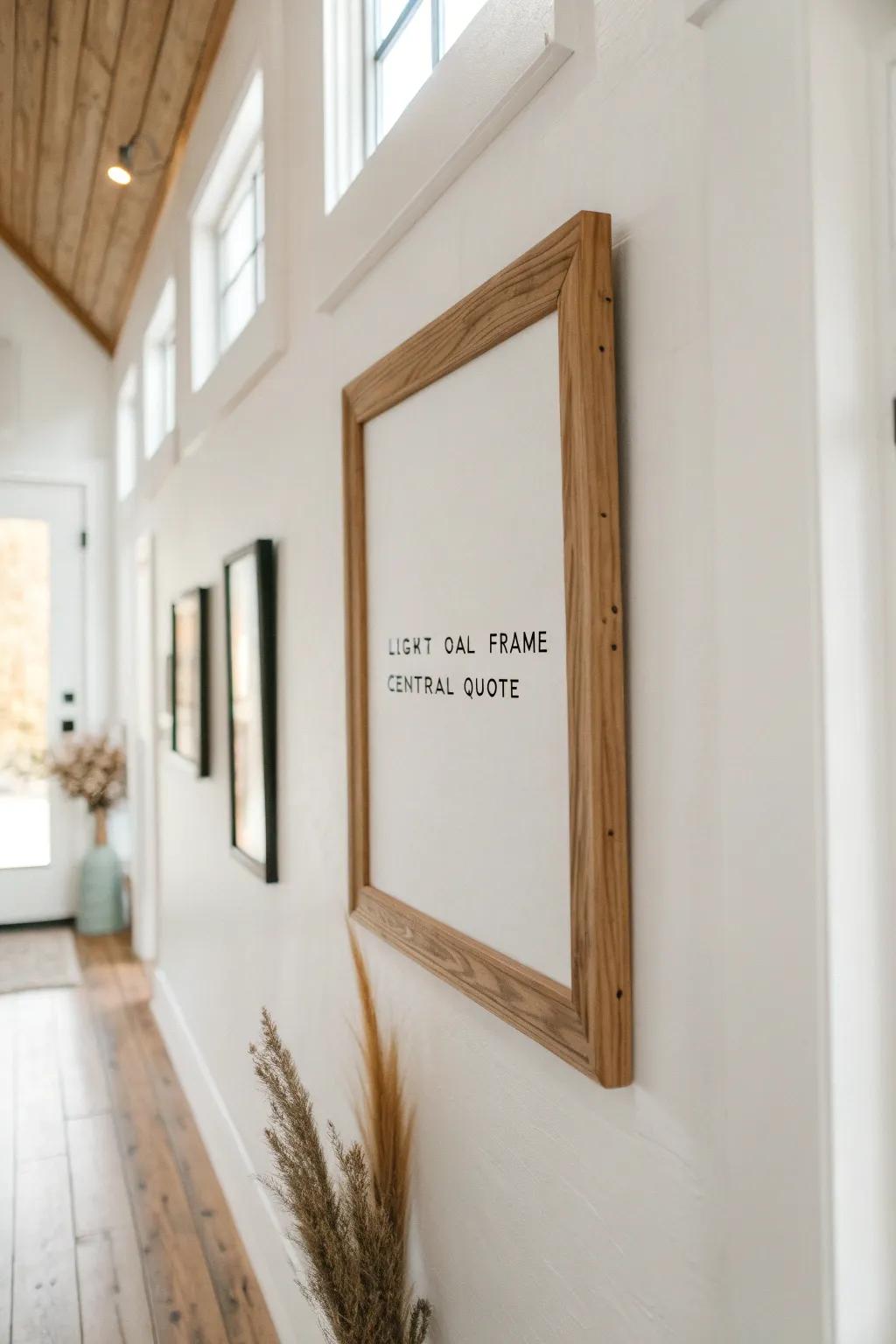 Center a scripture quote in one oak frame to unify a calm, family-style church gallery wall.