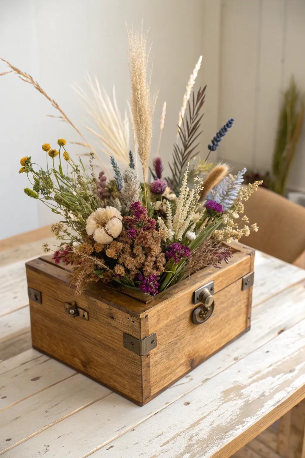 Aged cigar box + feathery dried wildflowers—Scandi minimal with a bold boho pop of color.