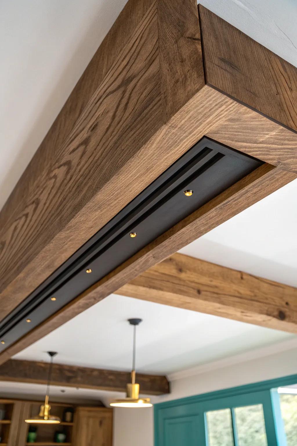 Chunky walnut box beam with hidden venting—smoke control that reads like architecture.