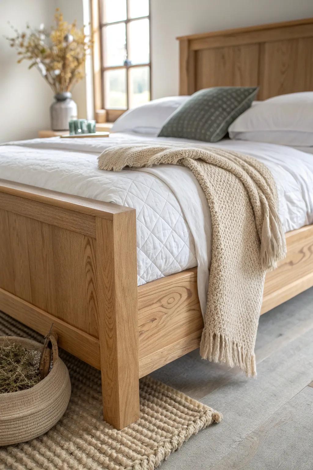 Neutral, layered linens on a handcrafted oak bed—hotel-calm, classic, and quietly luxe.