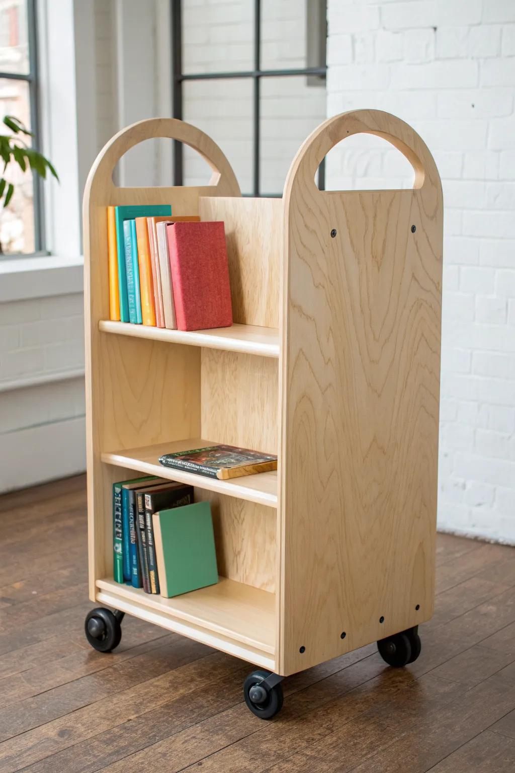 Minimal rolling wood book cart with big casters—move colorful small-group reads anywhere.