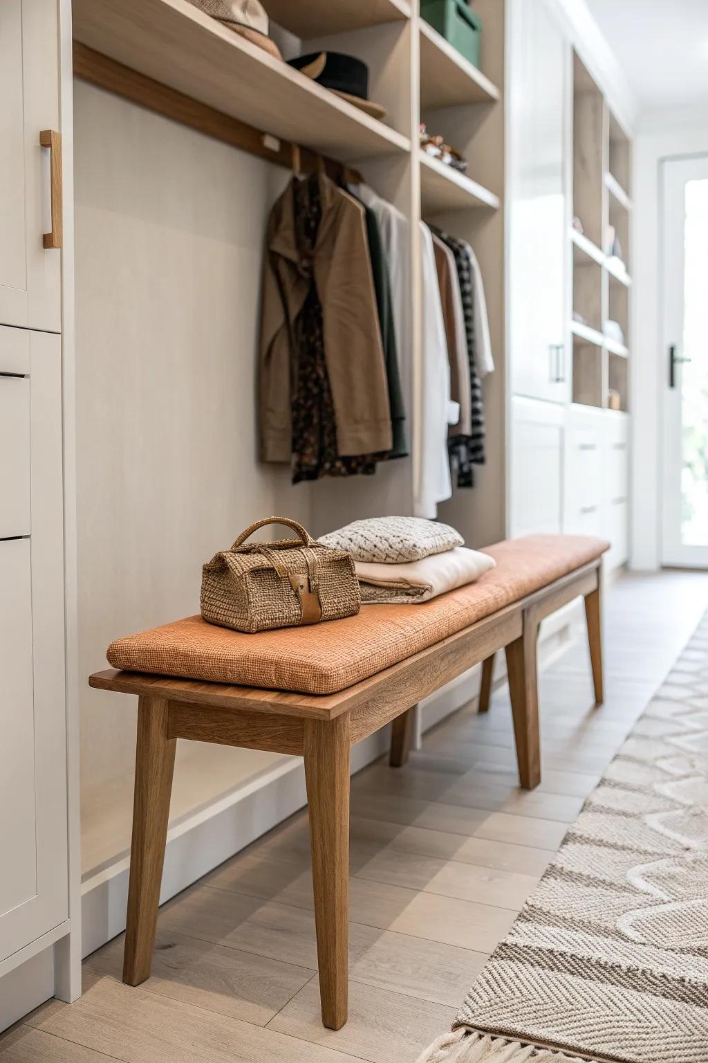 A slim oak bench at the end of a long closet run—light, tailored, and beautifully crafted.