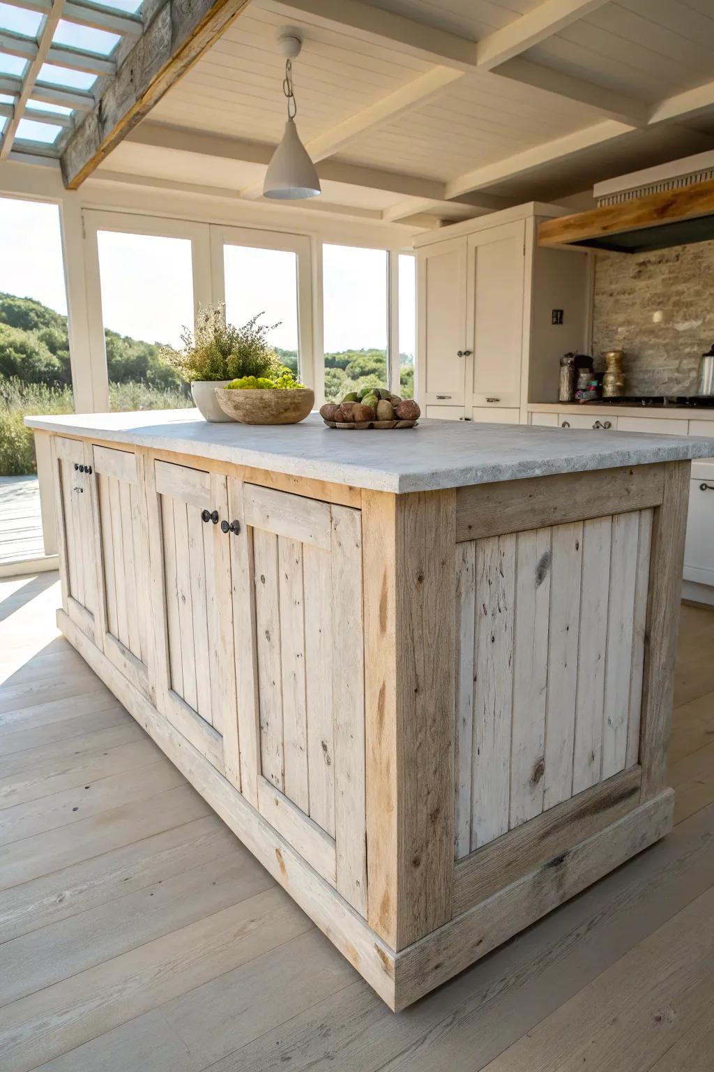 A big reclaimed-wood island that feels sunny, coastal, and made for gathering—pull up a stool.