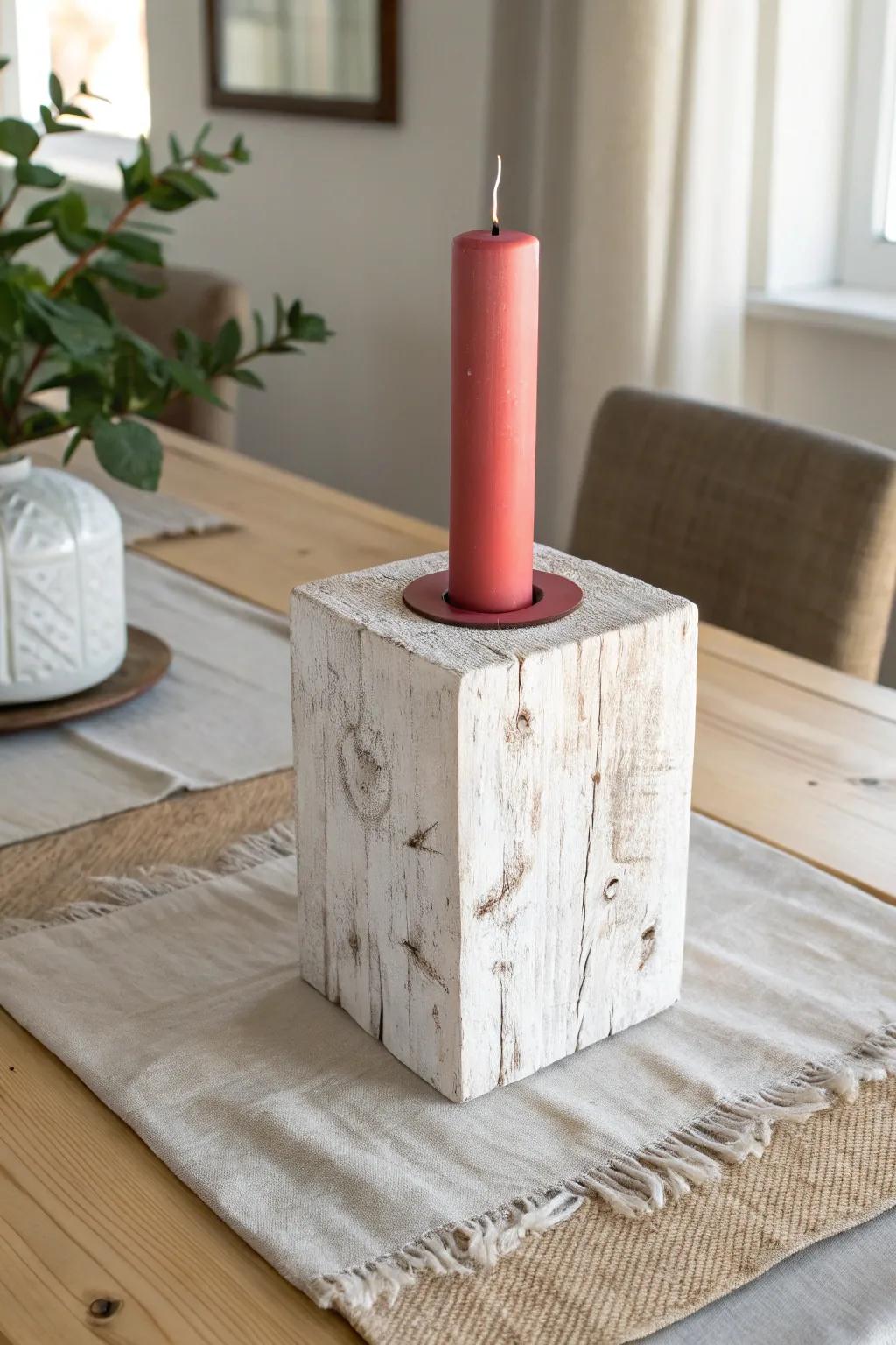 Whitewashed wood candle holder with a bold coral taper—sun-faded coastal charm, clean and calm.