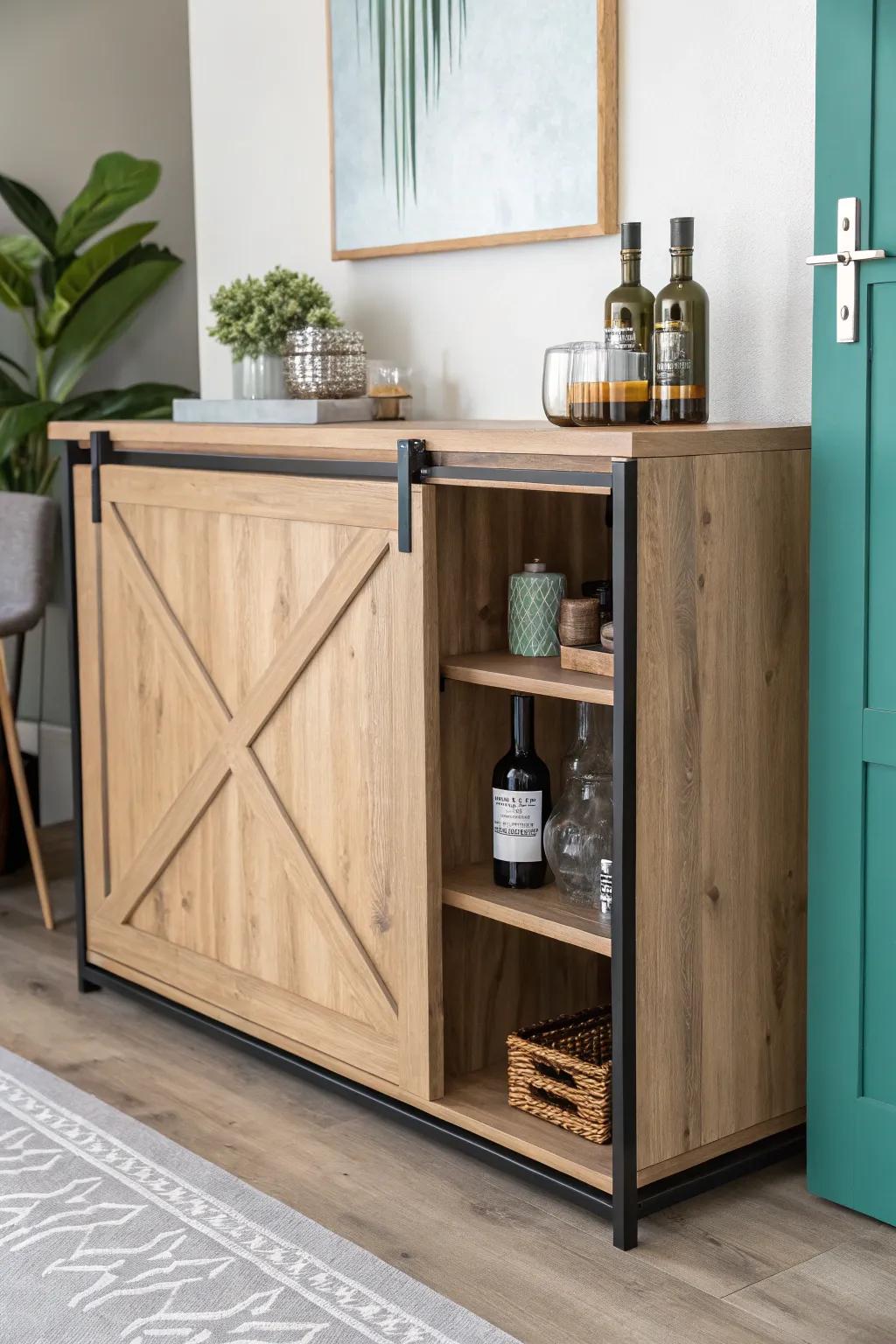 Sliding barn-door console: coffee hidden, cocktails revealed—farmhouse charm in minimalist style.