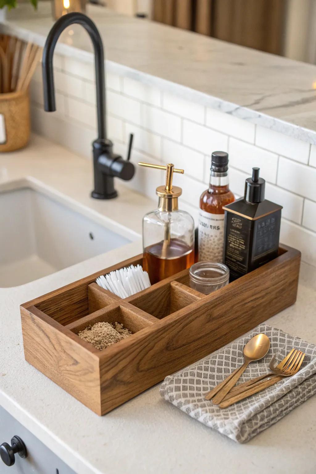Sink-side wood bar station: rinse, stir, and pour in one beautiful, minimalist setup.